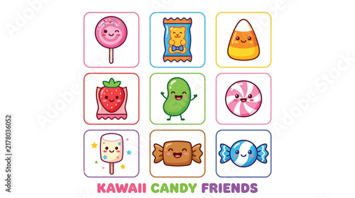 Cute Kawaii Candy Characters Collection Set Illustration.