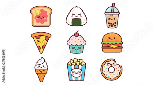 Cute Kawaii Food Vector Icons Collection Set.