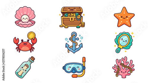 Cute Kawaii Ocean Life and Sea Treasures Sticker Set.