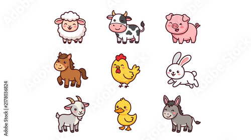 Set of cute cartoon farm animals collection.