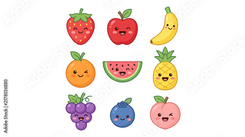 Set of cute cartoon fruit characters with smiling faces.