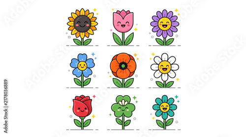 Set of cute cartoon flower character icons with happy faces.