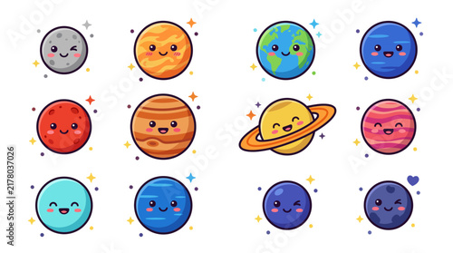 Set of cute cartoon planet characters for space illustration.