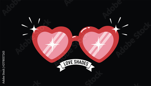 Heart shaped sunglasses in vibrant pink color with shining sparkles and a ribbon banner reading love shades on black.