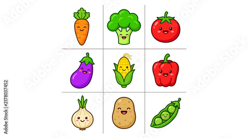 Set of cute cartoon vegetable characters for healthy food design.