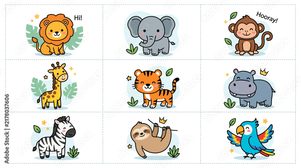 Fototapeta premium Set of cute cartoon wild animal stickers for kids.