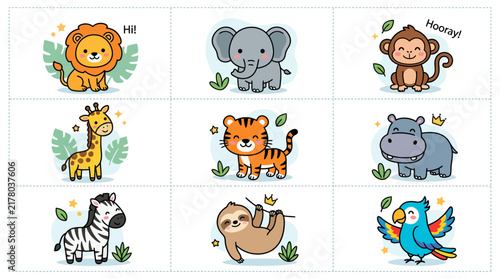 Set of cute cartoon wild animal stickers for kids.