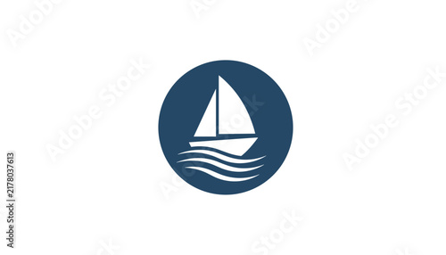 Minimalist sailboat emblem with white ship sailing on wavy lines inside a dark blue circle for maritime themes.