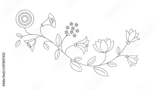 Winding floral branch vector design with multiple flowers and leaves drawn with delicate dashed lines on white.