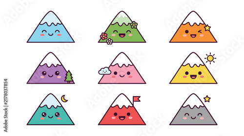 Set of cute colorful cartoon mountains with happy faces.