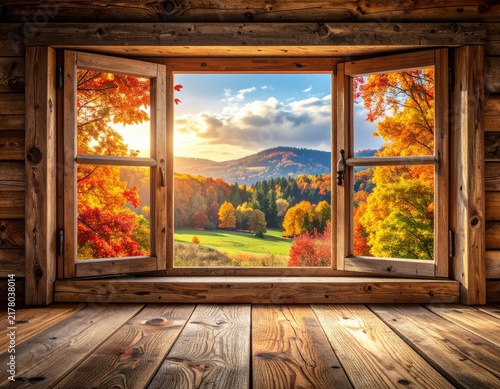 A rustic wooden window frames a vibrant autumn landscape with rolling hills bathed in golden sunlight.