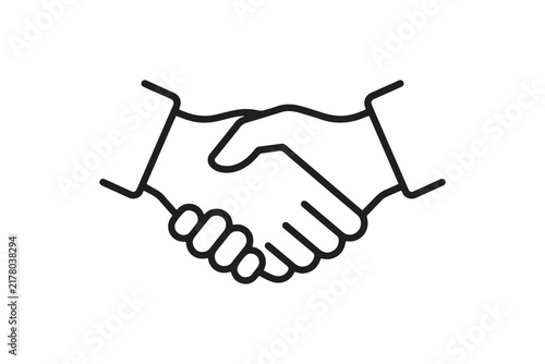 Black and white outline icon of a business handshake representing agreement and partnership