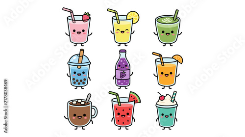 Set of cute kawaii cartoon drinks and beverages collection.