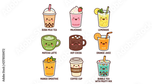 Set of cute kawaii beverage illustrations with faces and labels.