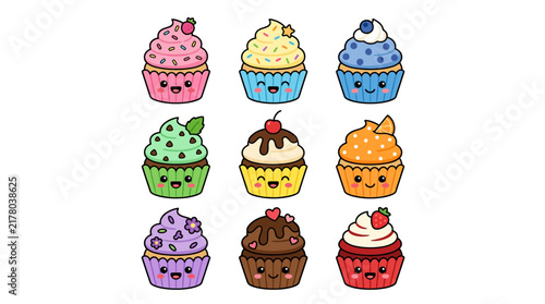 Set of cute kawaii cupcakes with various flavors and toppings.