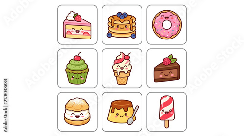 Set of cute kawaii dessert and sweet food icons.