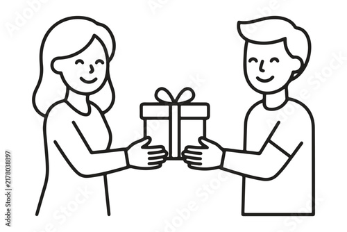 Black and white outline icon of a man giving a wrapped gift box to a smiling woman with receiving