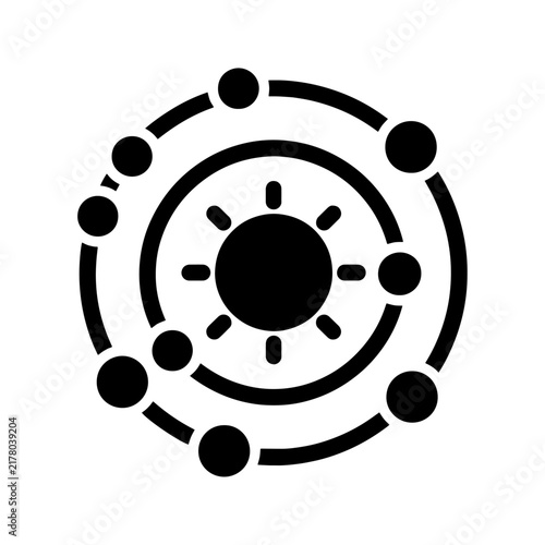 Complex solar system icon with multiple orbiting planets and radiant sun center