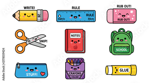 Set of cute kawaii school supplies with happy faces.