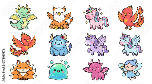 Set of cute kawaii style mythical creatures and fantasy characters.
