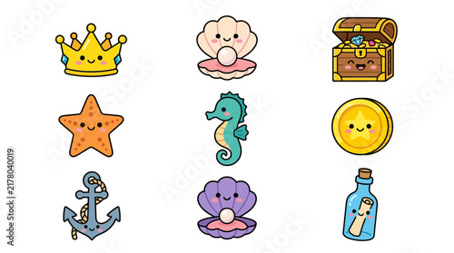Set of cute nautical themed cartoon icons with sea creatures and treasure.