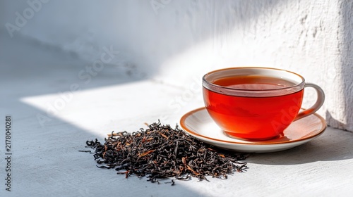 Glass cup of hot black tea with saucer and loose dried leaves on white table