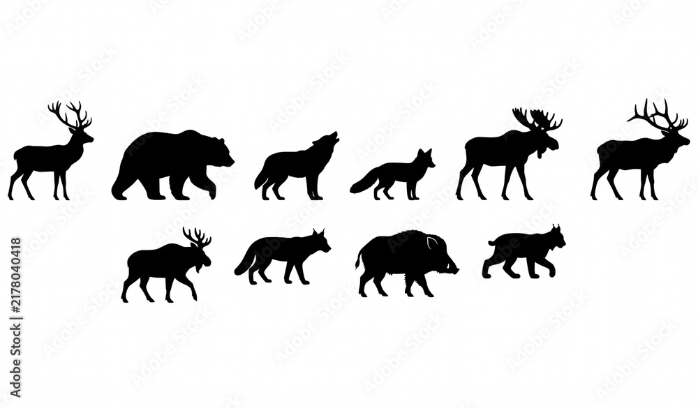 Fototapeta premium Wild Forest Animal Silhouette Collection Deer Bear Wolf Fox Moose Boar Lynx Elk Vector