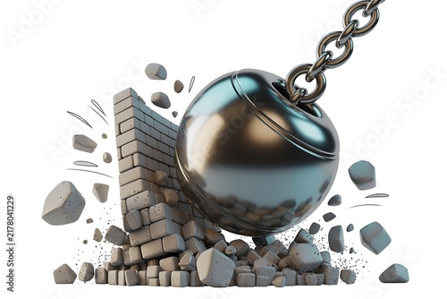 3d Cartoonish Metallic Wrecking Ball Shattering The Wall Isolated on White Background
