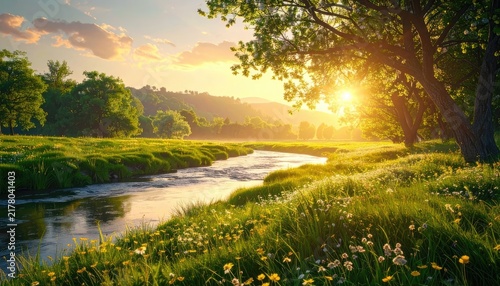 A scenic landscape bathed in the warm glow of sunset, with a gentle river winding through lush green fields and wildflowers.