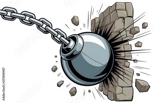 3d Cartoonish Metallic Wrecking Ball Shattering The Wall Isolated on White Background