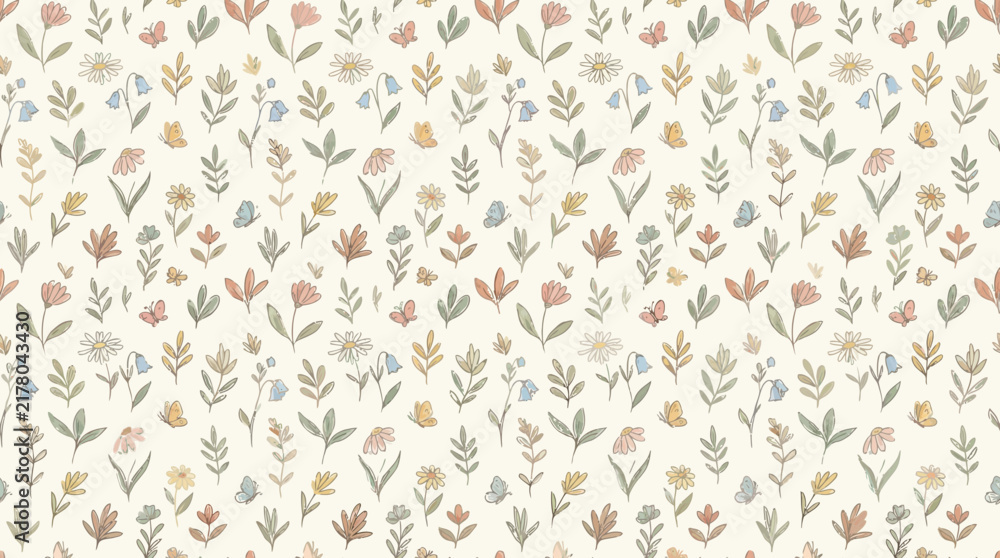 Fototapeta premium Botanical Pattern with Small Flowers and Leaves