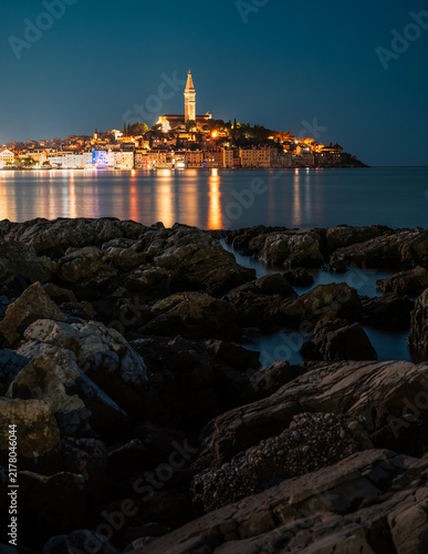 Rovinj Old Town Illuminated at Night on the Adriatic Coast, Croatia