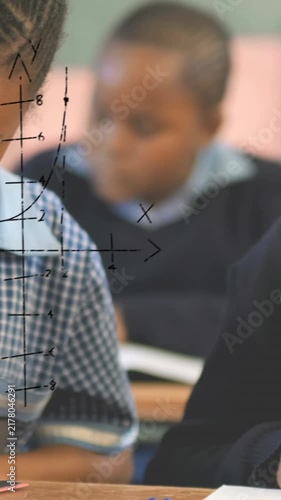 Animation of math formulas over african american pupils learning at school