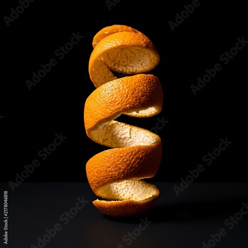 Orange fruit peel spiral floating in mid air against deep black studio background lighting.