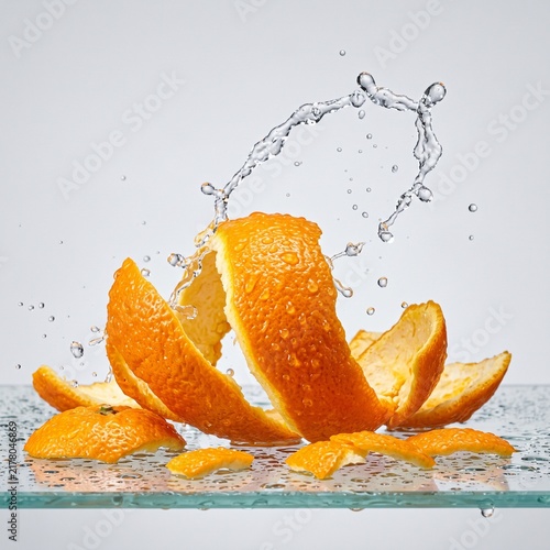 Splashing water over orange fruit peel pieces on glass surface against gray studio backdrop.