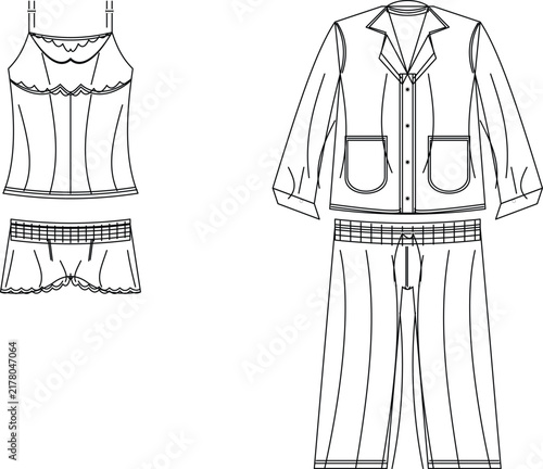 Photography Technical flat sketch of sleepwear designs including camisole with lace shorts a