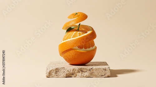 Fresh orange fruit with spiral peel on stone pedestal over beige background minimalism.