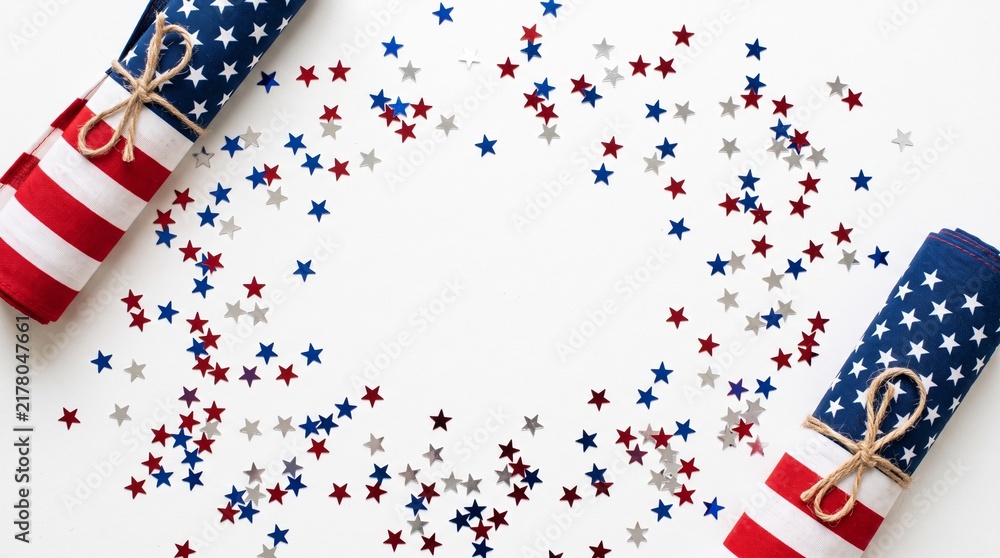 Obraz premium Labor day patriotic american flag napkins with star confetti isolated on white background