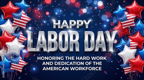 Labor day happy labor day greeting card with american flag balloons and confetti