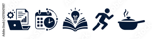 Productivity and Daily Activity Icon Set, Business Planning Learning Cooking and Growth Vector Collection