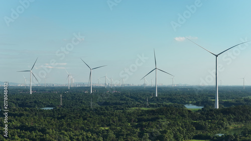 Photography Wind turbines in a green forest generating clean energy
