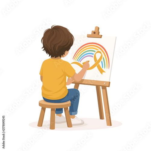 Little boy painting a rainbow and gold ribbon on an easel for childhood cancer awareness illustration isolated on white background