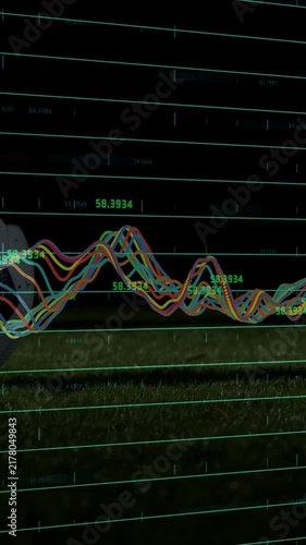 Animation of fluctuating financial graph lines overlaying soccer ball on grass