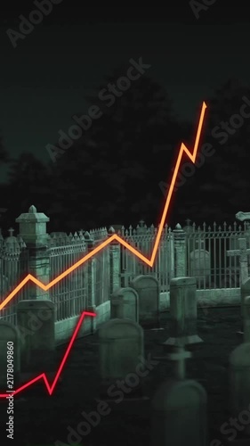 Animation of rising line graphs over graveyard scene at night, depicting data trends