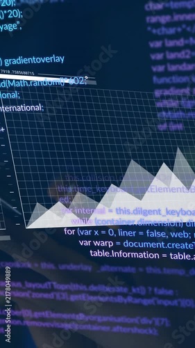 In school, child learning animation with graph and code overlay on computer screen