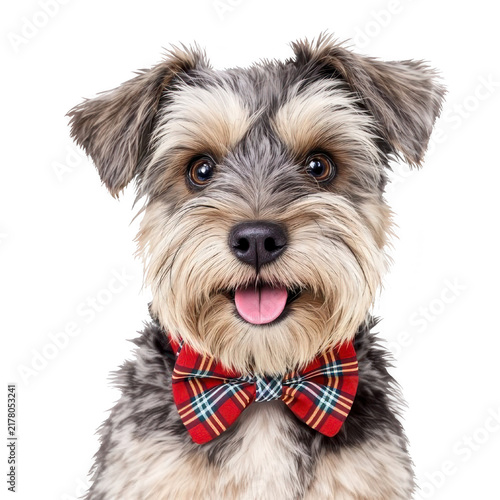 Cute scruffy terrier portrait with a red plaid bowtie on white