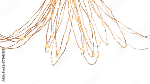 Warm white LED fairy string lights hanging on wires top border frame overlay isolated on transparent background.