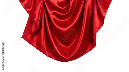 Elegant red silk satin fabric curtain drape hanging downwards top border overlay isolated on transparent background.