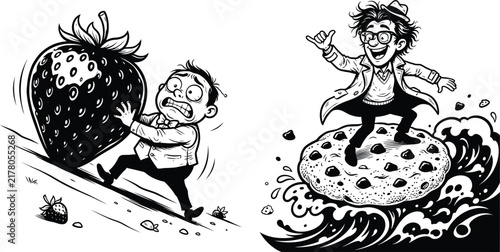 Surfer Riding Cookie and Boy With Strawberry