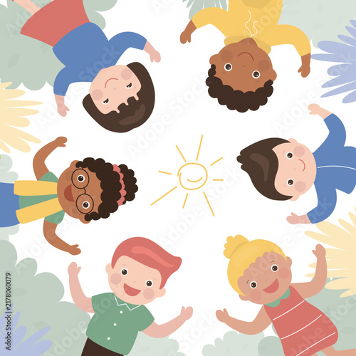 group of diverse children are lying on ground in circle, viewed from above, surrounded by greenery and simple sun doodle. Unity, kids relationship, friendship and joy